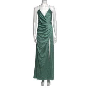 Fame and Partners silk maxi green A-line wrap criss cross gown US4